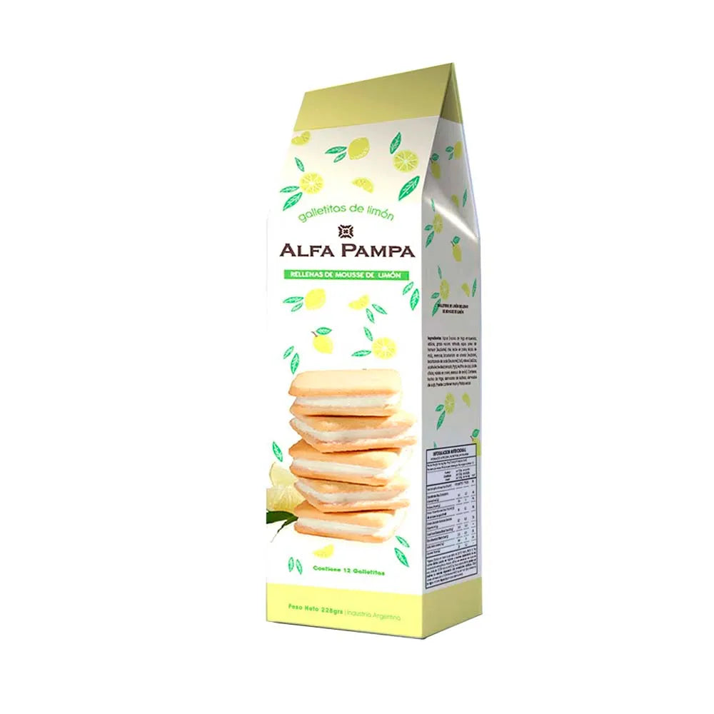 Galletitas de Limón Rellenas Mousse de Limón con Baño Blanco Alfa Pampa x10 de 27gr